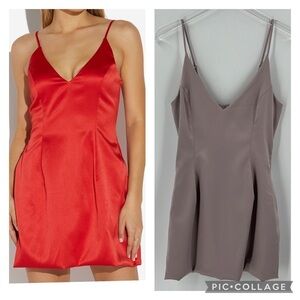 Attached Selena Dress Lilac Pastel Light Purple Satin Mini Fit Flare Plunge Med